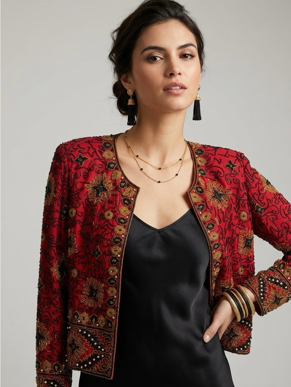 Vintage Adrianna Papell Evening Silk Beaded Jacket Red Gold M